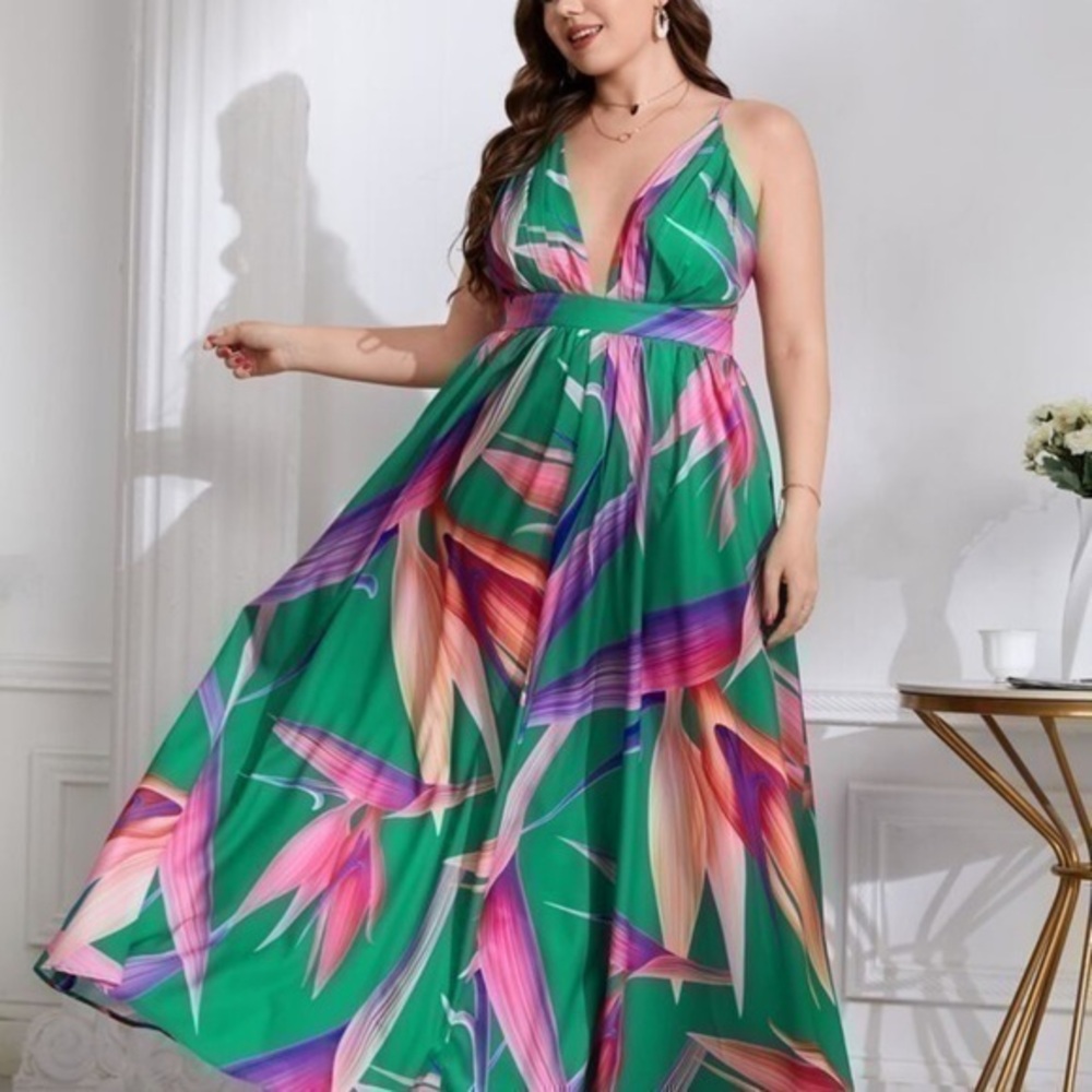 Elegant Green and Pink Maxi Dress